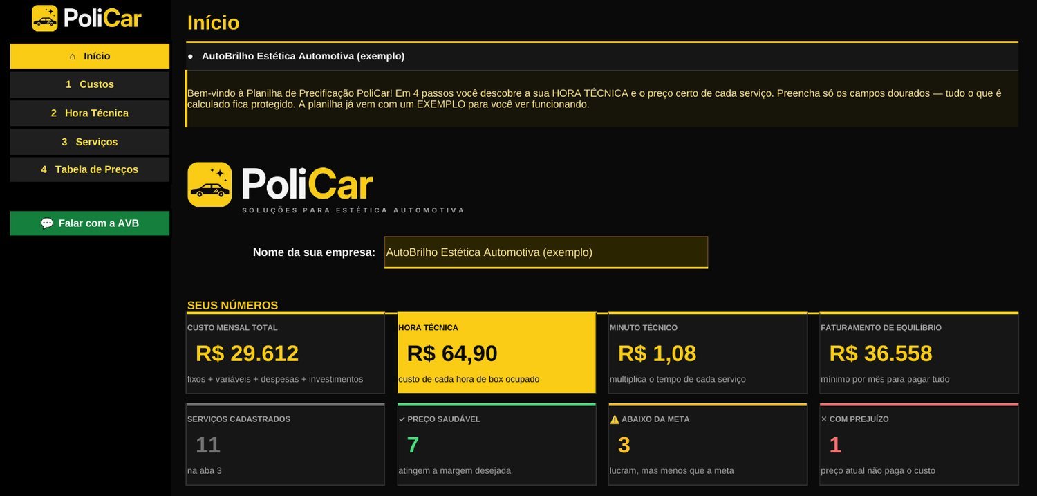 Tela inicial da planilha PoliCar com custo mensal, hora técnica e diagnóstico dos serviços