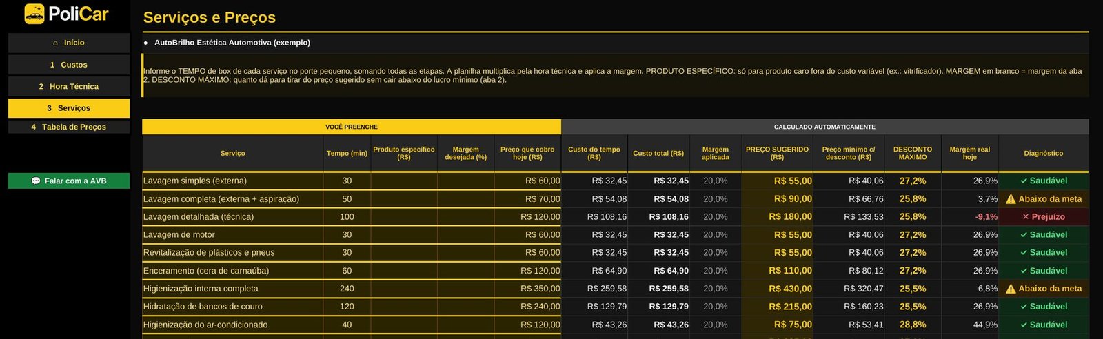 Tela de serviços com preço sugerido, desconto máximo e diagnóstico
